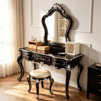 Ensemble coiffeuse baroque européen en bois massif, table de toilette sculptée de luxe avec miroir et tabouret, mobilier de chambre OEM ODM en gros