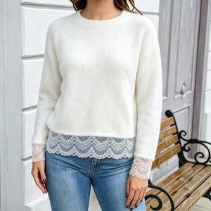 <span class=keywords><strong>Pull</strong></span> en molleton tricoté pour <span class=keywords><strong>femme</strong></span>, col rond, manches longues, avec empiècements en dentelle, style <span class=keywords><strong>vintage</strong></span>, nouvelle collection 2027 - Product Image 4