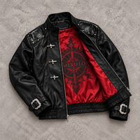 Fabricant de vestes en cuir coupées et cousues sur mesure, boucle métallique de pompier, fermeture éclair, style gothique punk, vente en gros, usine