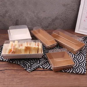 Cake bread snack bakery food packing rectangular square kraft paper box sandwich wrap box with plastic clear lids