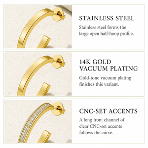 <b>Large</b> <b>Stone</b> Set Half Hoop Earrings Stainless Steel 14K Gold Vacuum Plated Post Back Gold Silver Variants - Product Image 2
