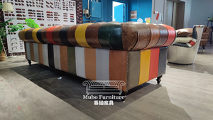Juego de Sofás Chesterfield de Estilo Industrial Vintage, Cuero Genuino, Diseño <span class=keywords><strong>Patchwork</strong></span> para Hotel, Aplicación en Talleres, con Función de Refrigeración - Product Image 4