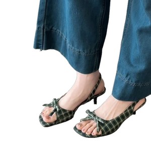 Sandales à talons à carreaux, bout ouvert, talon bas et fin, avec nœud décoratif, bride arrière, à enfiler, élégantes, tendance, pour femmes - Product Image 5