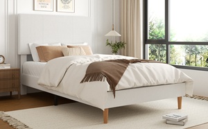 Cadre <span class=keywords><strong>de</strong></span> <span class=keywords><strong>lit</strong></span> Queen Size au design simple et contemporain, style nordique, tissu texturé blanc, <span class=keywords><strong>lit</strong></span> plateforme rembourré, mobilier <span class=keywords><strong>de</strong></span> chambre d'hôtel - Product Image 3