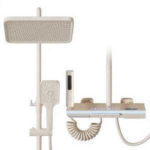Rubinetto <span class=keywords><strong>Doccia</strong></span> Moderno KAWAL in Ottone Spazzolato a Tre Maniglie, Set Completo con Luci, <span class=keywords><strong>Vetro</strong></span> Temperato, Termostato Digitale Intelligente - Product Image 1