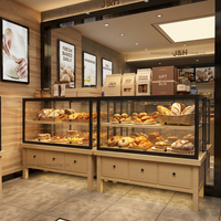 Vitrine à pain et gâteaux en verre trempé scellé, avec panneau en bois LED blanc chaud, beige chaud, style européen classique et quincaillerie dorée