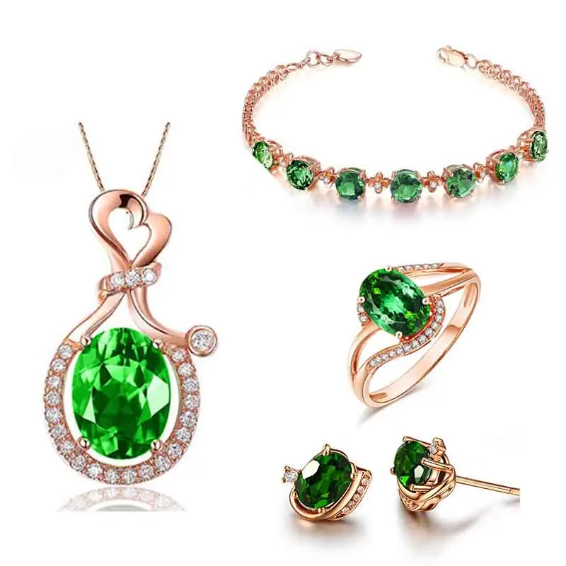 Set perhiasan pengantin zirkon hijau zamrud, set anting-anting kalung batu permata hijau untuk pernikahan India