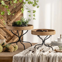 Plateau de service rond en bois artisanal décoratif, style campagne française, multifonctionnel, table basse mobile pour salle à manger