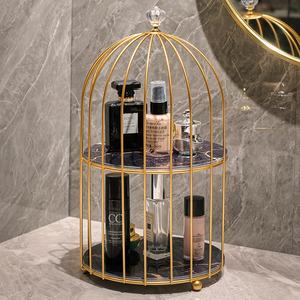 Demi Cage à oiseaux rangement cosmétique métal avec étagère de rangement en marbre étagère de table rangement et organisation à la maison doré - Product Image 4