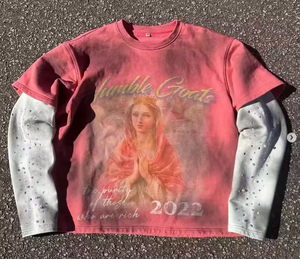 T-Shirt Oversize da Uomo con Logo Personalizzato, Manica 3/4, Stile Vintage Streetwear, Doppio Strato, Lavaggio Acido, Effetto Consumato con Strass per Hip Hop - Product Image 2