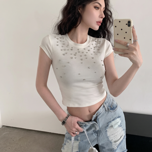 T-shirt Femme Streetwear en Coton Lourd de Haute Qualité TKAN7714, Top Court à Strass Thermocollés, T-shirt Court Vierge Personnalisable avec Logo - Product Image 1