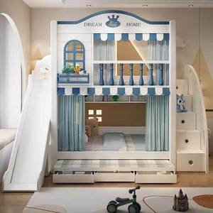 Cama litera infantil con barandilla alta, cama doble para niños <span class=keywords><strong>de</strong></span> uso doméstico, litera con tobogán, cama combinada - Product Image 1