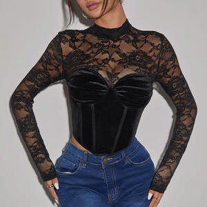 Haut de <span class=keywords><strong>corset</strong></span> <span class=keywords><strong>transparent</strong></span> sexy à manches longues et dos nu en maille pour tout le corps, <span class=keywords><strong>noir</strong></span> et en dentelle - Product Image 6