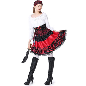 Costume d'Halloween XJHalloween - Tenue de pirate féminine pour performance de cosplay avec dentelle rayée rouge - Product Image 2