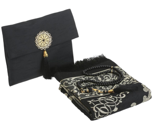 Prien Handmade Cotton Floral Muslim <b>Prayer</b> <b>Rug</b> & Beads Gift Set <b>for</b> Home Use-Bayram Ramadan (Black) - Product Image 1