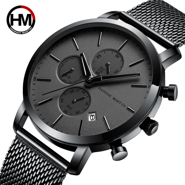 HANNAH MARTIN HM-109  Stainless Steel Band Watch Men Luxury Famous Brand Quartz Waterproof Chronograph Date