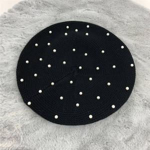 قبعة نسائية قطنية منسوجة بنمط صلب مع لؤلؤ ، قبعة إسلامي إسلامي كلاسيكي ناعم ، أبيض وردي أسود ، قبعة كحلي رفيعة للربيع والشتاء - Product Image 5