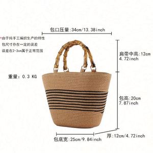 Bolso de mano de paja tejida con asa de bambú y rayas de colores contrastantes para mujer, ideal para el verano y la playa, venta al por mayor. - Product Image 5