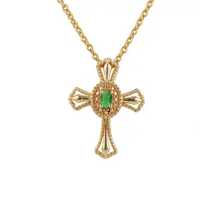 Exclusive emerald gemstone cross pendant chain necklace jewelry gold plated oval green traditional comfortable jewelry gift item