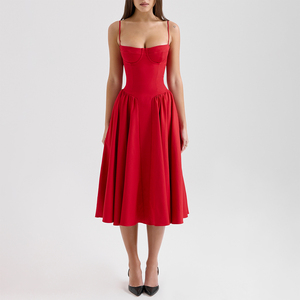 Abito Midi rosso raccolto per donna elegante elegante abito da Cocktail alla moda donna abbigliamento personalizzato fabbrica - Product Image 1