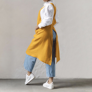 <span class=keywords><strong>Tablier</strong></span> de cuisine et de jardin en pur <span class=keywords><strong>lin</strong></span> jaune, style <span class=keywords><strong>japonais</strong></span>, grande taille, à dos croisé, avec poches, personnalisable en gros - Product Image 2