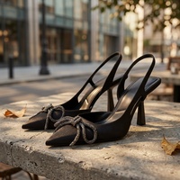 Sandales de mariée à talons fins et à nœud papillon, chaussures pour femmes à bout pointu noires, pour l'été et l'automne, design respirant, directement de l'usine
