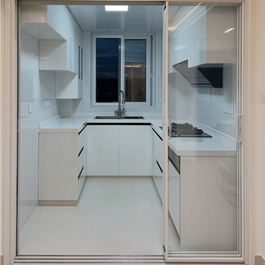 Porte coulissante minimaliste en aluminium à cadre fin, double vitrage en verre trempé blanc crème, pour chambre, cuisine, salle de bain, villa, hôtel - Product Image 1