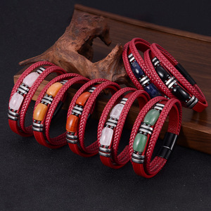 <b>Red</b> Leather <b>Bracelet</b> With Natural Stone Beads Multi Layer Unisex Jewelry Gift 7.5 8.5 9 Inches Yiwu Origin - Product Image 3
