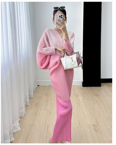 Vente de robes mi-longues pour femmes, tendance, haut de gamme, été, écologiques, naturelles, plissées, à blocs de couleur, à manches chauve-souris, fournisseur réputé - Product Image 5