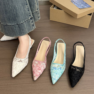 504 Summer Factory New Mesh Lace Flower Toe <b>Sandals</b> with Pointed Back, High-quality Single Shoes, Slim High-heeled Women's Shoes - Product Image 1