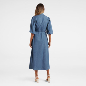 Vestidos Largos de Mezclilla para <span class=keywords><strong>Mujer</strong></span>, Estilo Casual de <span class=keywords><strong>Verano</strong></span>, con Mangas Abullonadas de Algodón, Bolsillos Laterales y Solapa - Product Image 4