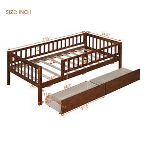 Twin Size Daybed Wood Bed With Two <b>Drawers</b> <b>Walnut</b> Kids Storage Bed - Product Image 3