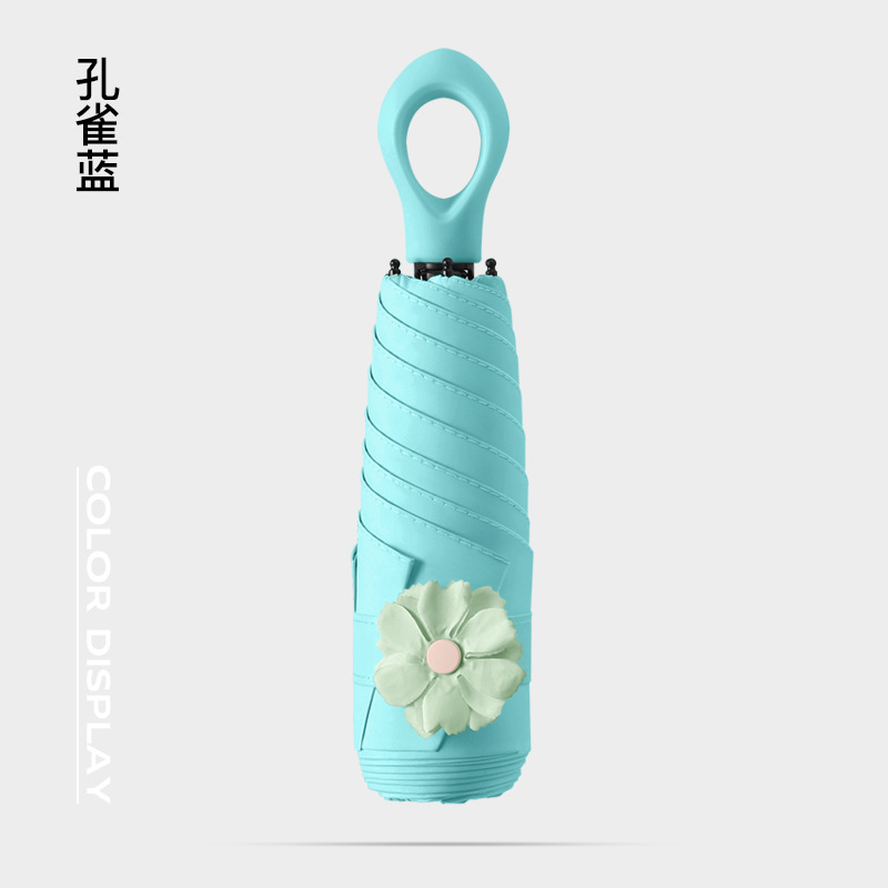 Parapluie à bague à cinq doigts bleu paon à 6 os avec fleurs