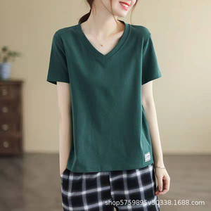Women V-Neck Short Sleeve T-Shirt Loose Fit Breathable Jersey <b>Top</b> Casual <b>Patchwork</b> Base Layer Summer Wear - Product Image 3