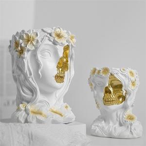 Maceta de resina de calavera femenina creativa moderna, adorno para el hogar con personalidad de Halloween, macetas con cabeza carnosa, Material Digital - Product Image 3