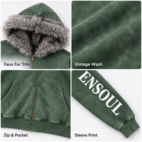 Hoodies d'hiver surdimensionnés zippés pour hommes, effet délavé, épaules tombantes, capuche en fausse fourrure, logo imprimé sur la manche, fabricants de hoodies personnalisés