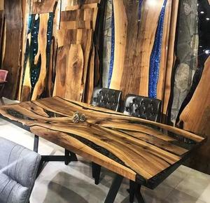 Table de salle à manger de luxe de dalle de résine époxy de restaurant de cuisine de café en bois massif de noyer de rivière prix bon marché direct d'usine - Product Image 3