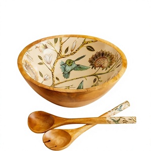 Tazón de Madera Hecho a Mano, Ecológico y Duradero, con Diseño Floral de Aves, Apto para Lavavajillas, para Servir Alimentos, Fiestas, Regalos, con Logotipo Personalizado - Product Image 1