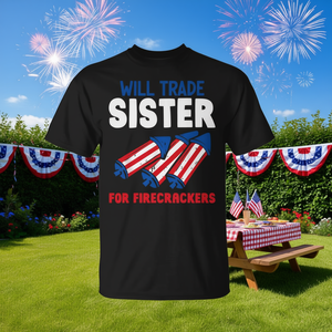 Maglietta Promozionale per il 4 Luglio con Design 'Sostituisco la Sorella con Petardi' - Product Image 3