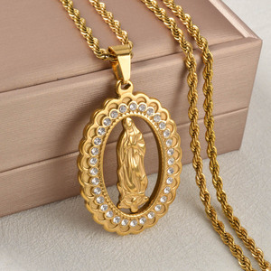 Colgante de acero inoxidable con cuerda trenzada, hueco, con la Virgen María milagrosa y diamantes de imitación, joyería personalizada al por mayor, colgante para collar. - Product Image 1