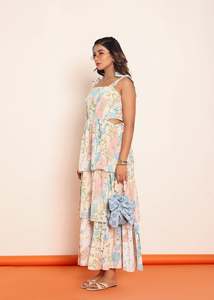 Robe longue imprimée à volants avec découpes latérales à la taille, robe décontractée pour femme en tissu léger, silhouette flatteuse - Product Image 4