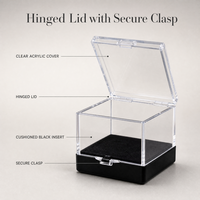 Cube de présentation en acrylique transparent avec couvercle à charnière, boîte anti-poussière ultra transparente à 360° avec base noire pour breloques d'ongles 3D