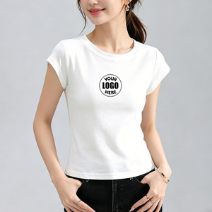 T-shirt à manches courtes pour femme, coupe ajustée, 93,9 % coton, 6,1 % élasthanne, 180 g/m², logo brodé, blanc, noir, gris, t-shirts basiques - Product Image 1