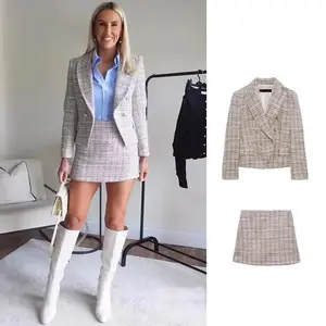 2023 Lente/Zomer Nieuwe Tweeds Blazer Jassen Textuur Double Breasted Colbert Culottes Tweedelige Set