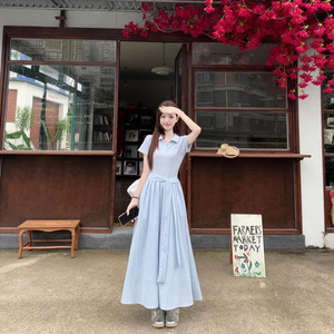 French Style Blue Fitted Waist Dress Women Polo Collar Tie Waist Long Dress Daily Casual Wear - Product Image 2