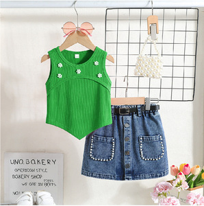 แฟชั่นเด็ก เสื้อผ้าเด็ก เสื้อกั๊กประดับลูกปัดลายดอกไม้สำหรับเด็กผู้หญิงช่วงฤดูร้อน และชุดกระโปรงยีนส์ประดับลูกปัด ชุดเสื้อผ้าเด็กผู้หญิง 2-8 ปี - Product Image 4