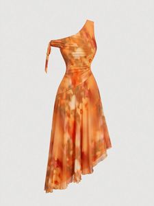 ชุดเดรสแฟชั่นสำหรับผู้หญิง ดีไซน์หรูหรา ไหล่เฉียง ผ้าตาข่ายพิมพ์ลาย เหมาะสำหรับใส่ไปเที่ยวพักผ่อน - Product Image 3