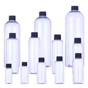 Mais barato plástico PET transparente cosmo garrafa de óleo redondo com tampa rosca preta