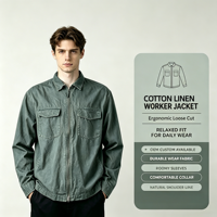 Chaqueta de lona lavada para hombre con cremallera, solapa y bolsillos dobles en el pecho, estilo sobrecamisa holgada, verde liso, informal, de manga larga, estilo ropa de trabajo.