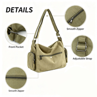 Sac bandoulière hobo en toile grande capacité, décontracté et souple, avec poches latérales, idéal pour les trajets quotidiens, l'école et le shopping